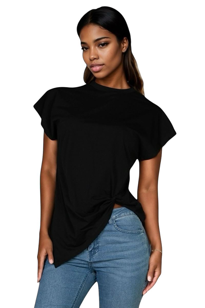 Batwing Sleeve Twist Front Tee {BT3952}