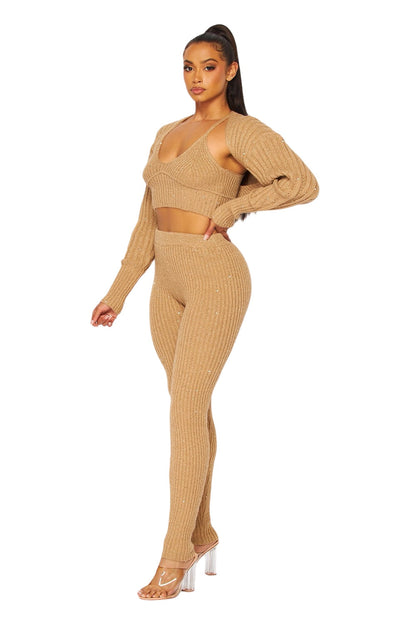 3 PC Sequin Cami Sweater Knit Pant Set