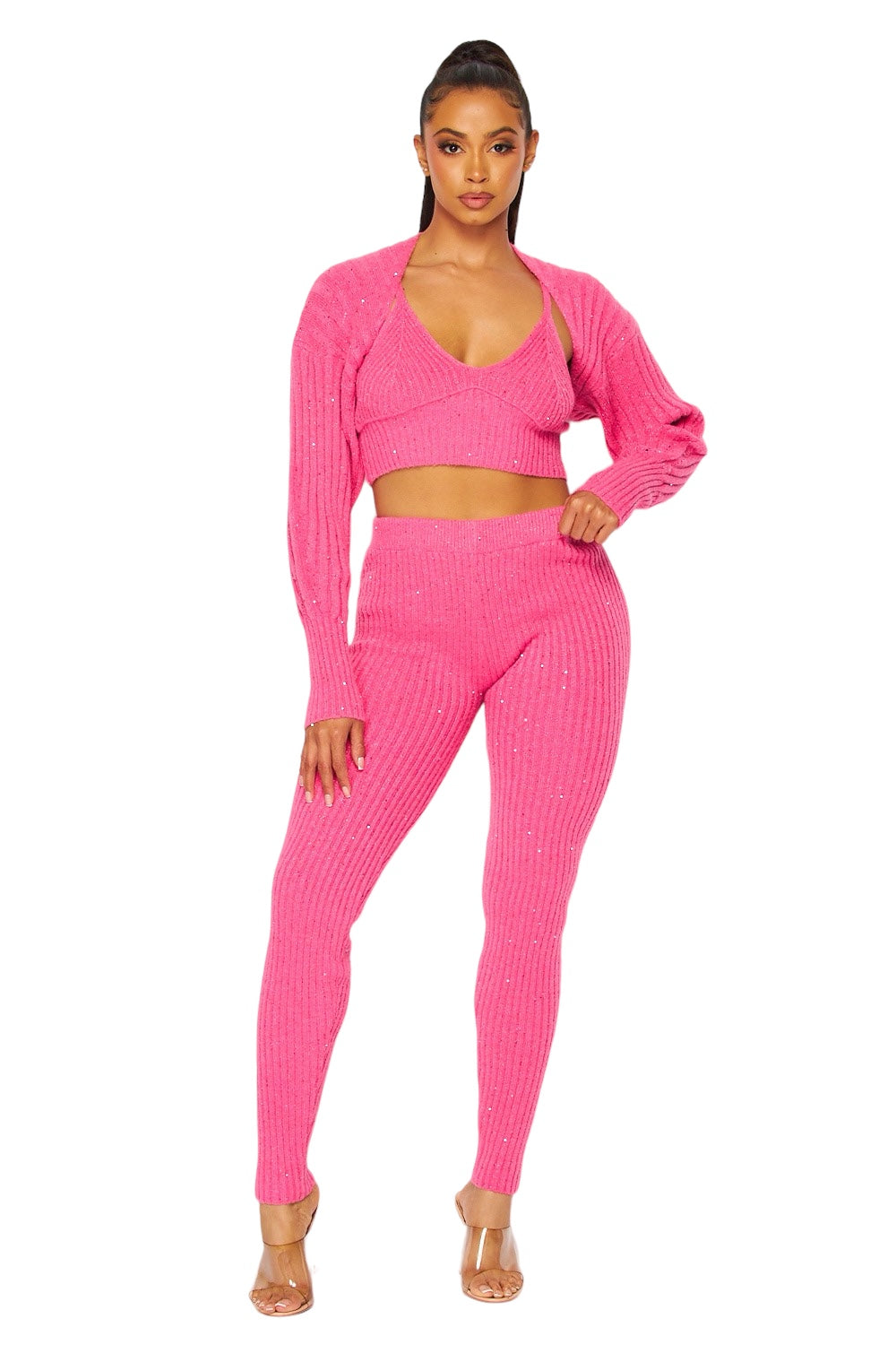 3 PC Sequin Cami Sweater Knit Pant Set