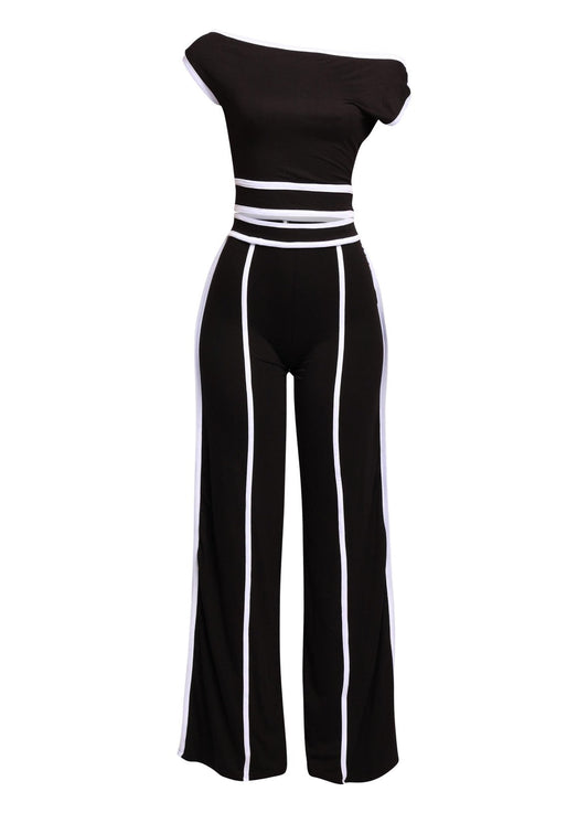 Off Shoulder Short Sleeve Top with Wide Leg Pants