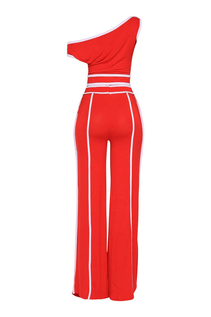 Off Shoulder Short Sleeve Top with Wide Leg Pants