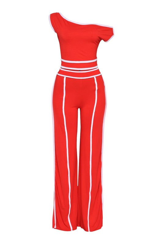 Off Shoulder Short Sleeve Top with Wide Leg Pants