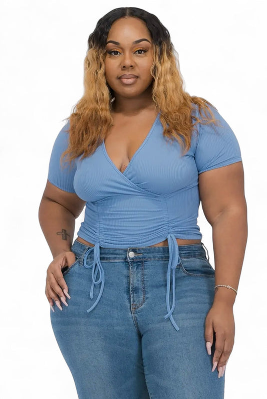 Curvy Ribbed Ruched Drawstring Surplice Top {BT3335X}