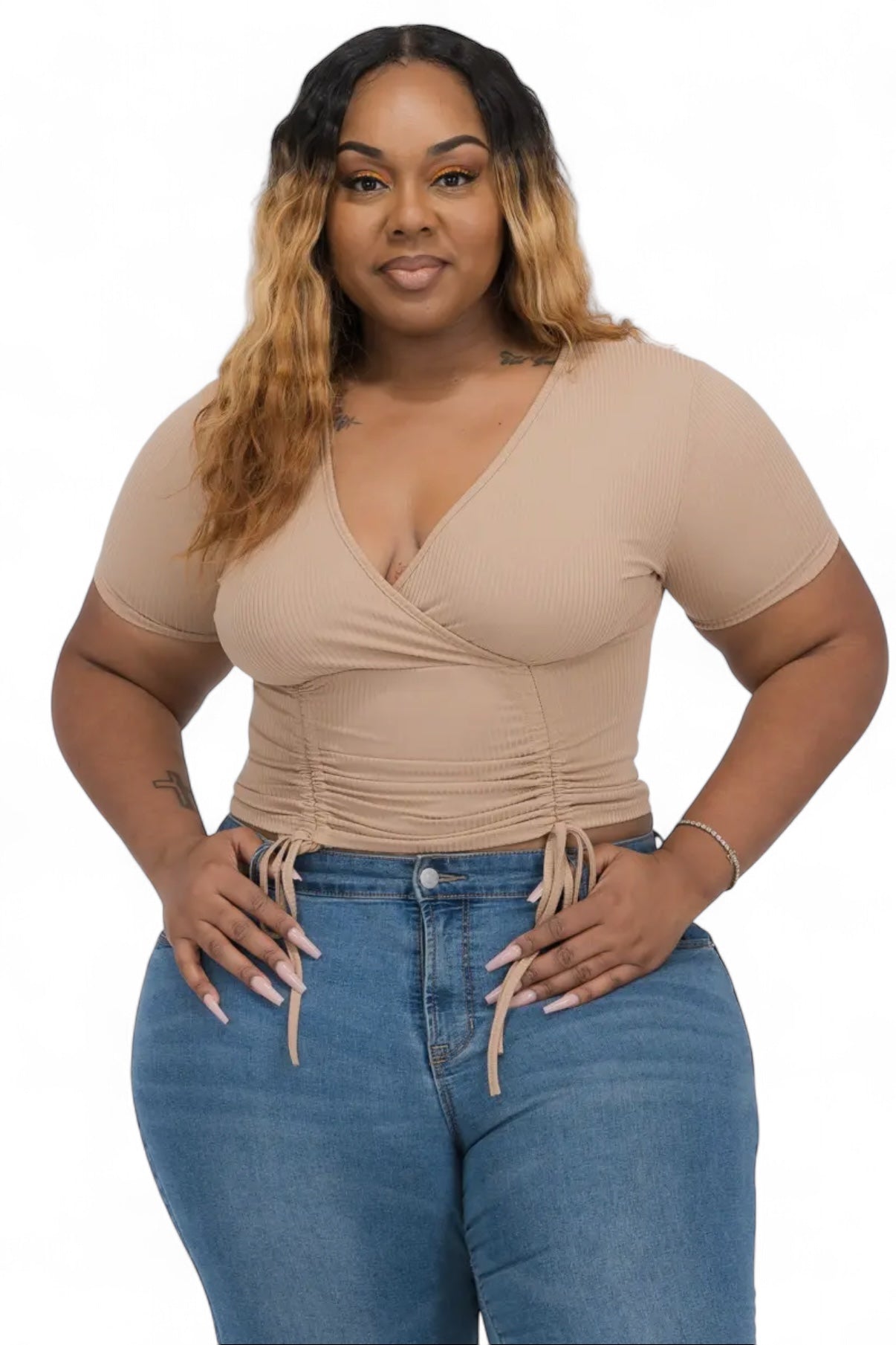 Curvy Ribbed Ruched Drawstring Surplice Top {BT3335X}