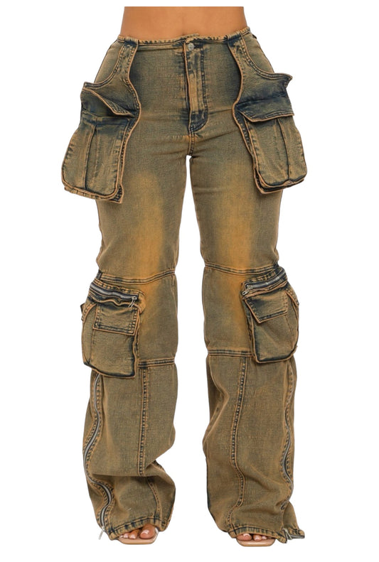 Acid Wash Cargo Denim Pants