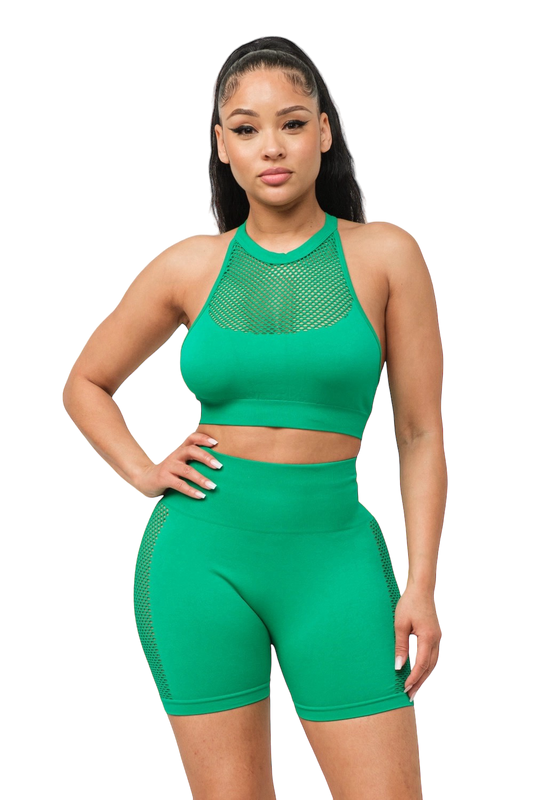 Front Fishnet Contrast Halter Top and Shorts Set