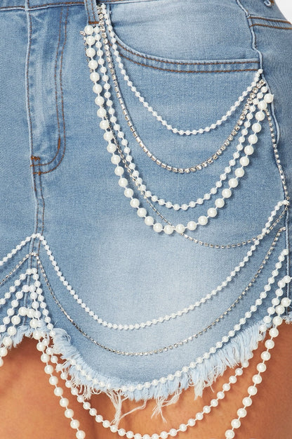 Alicia Pearl Detailed Mini Denim Jean Skirt