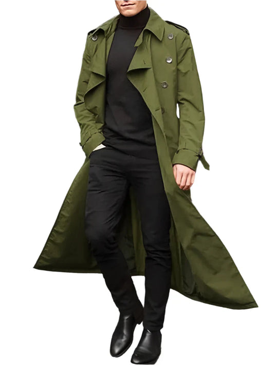 Men's Long Streetwear Trench Coat with Epaulets (Army Green)