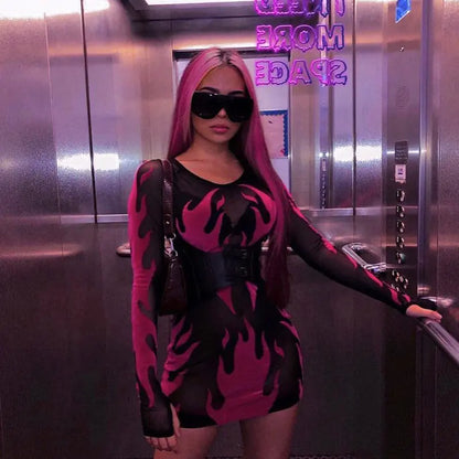 Women's Sheer Mesh Floral Dress with Round Neck