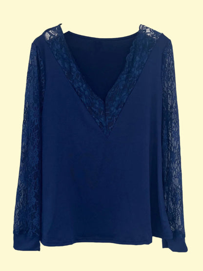 WestCloset Classy Semi-Sheer Blouse with Lace Trim