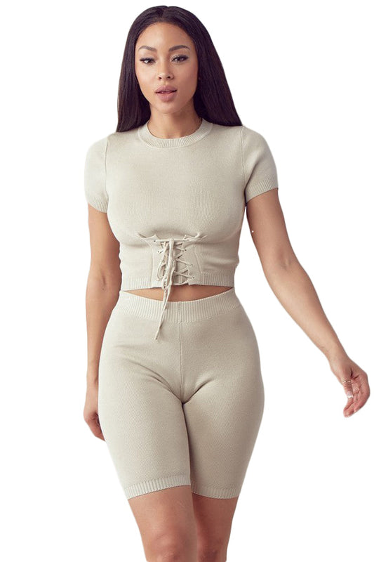 2PC Ruched Cut Out Detailed Knit Top & Short Set - Nude