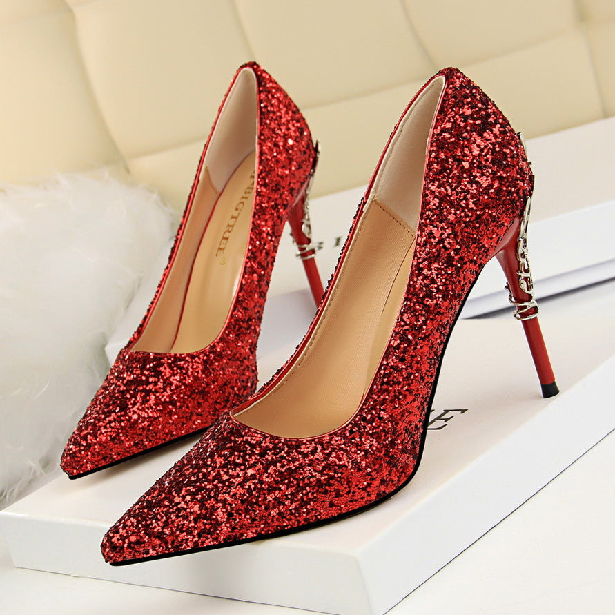 Sexy Nightclub Women Shoes Metal Heel Stiletto Heel Shallow Mouth Pointed Sequined Shoes
