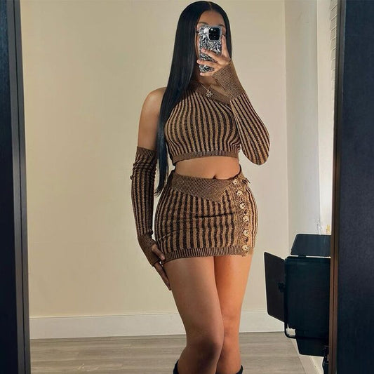 Fall Women Clothing Sexy Knitted Top High Waist Hip Wrapped Skirt Set Women