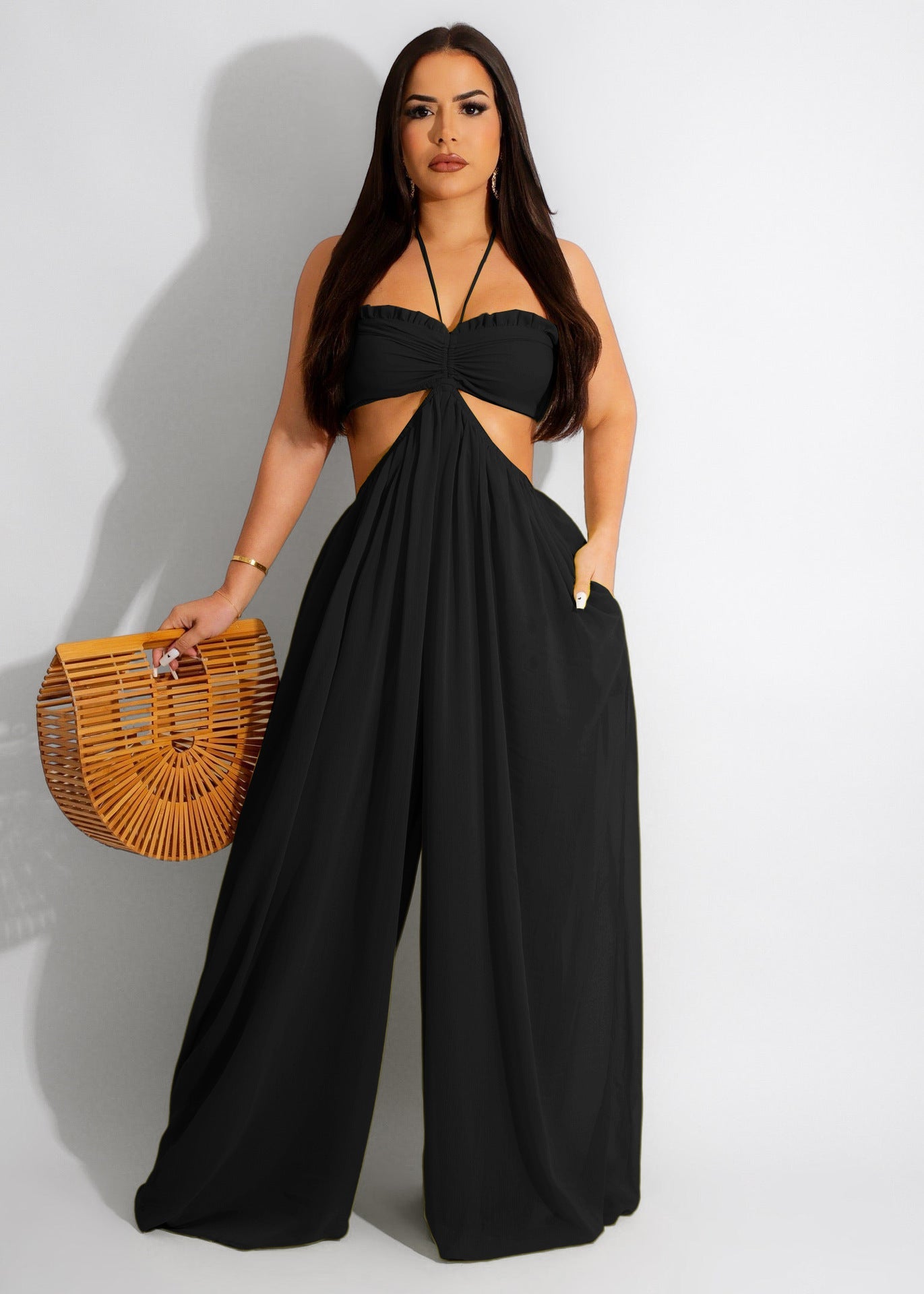 Source Sexy Chiffon Chest Wrapped Bare Back Wide Leg Jumpsuit Women Clothing