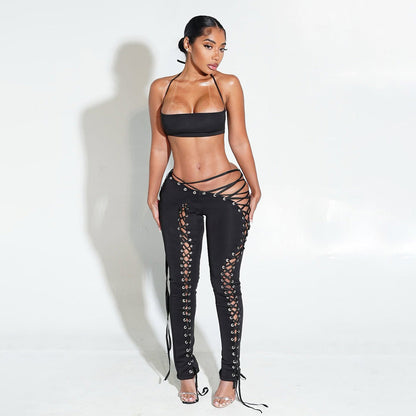Women Sexy Lacing Vest Street Lace up Trousers Two Piece Set