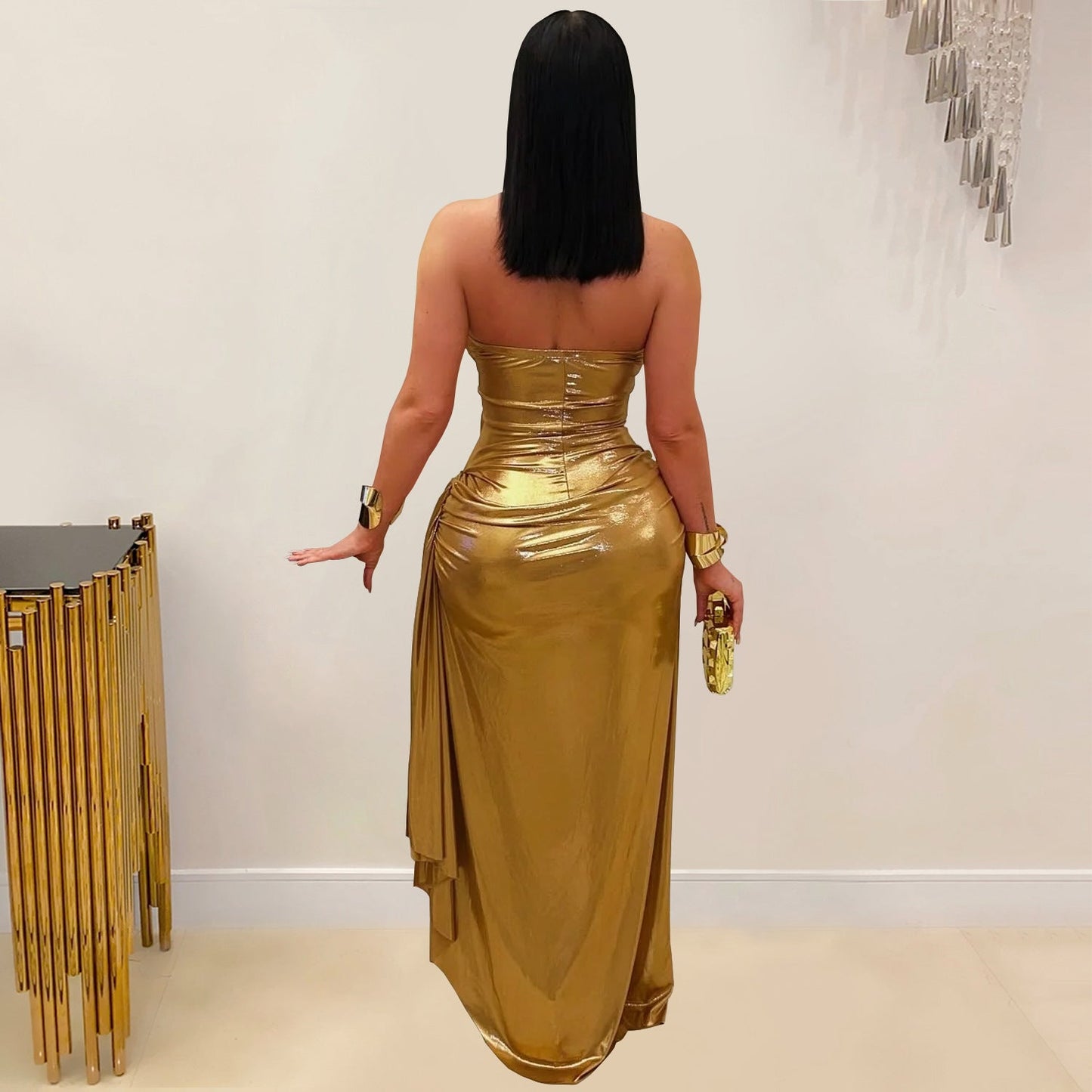 Women Wear Sexy Halter Gold Necklace Maxi Dress