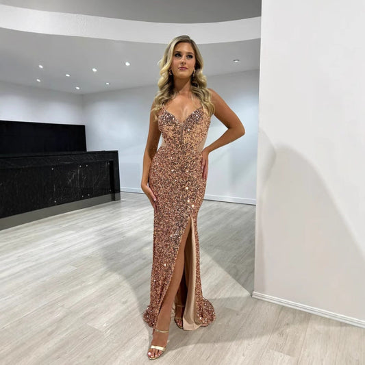 Sequined Split Sexy Sling Dress Waist Controlled Cocktail Dress Slim Fit Maxi Dress