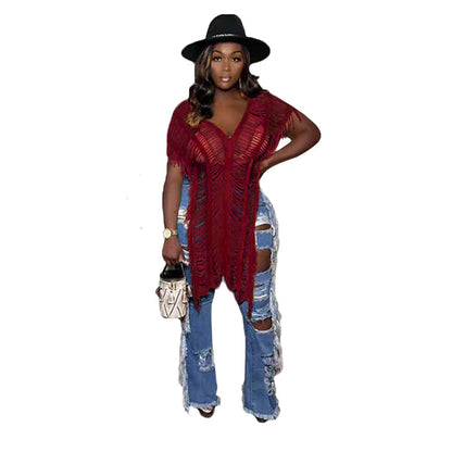 女裝純色休閒流蘇鏤空T卹