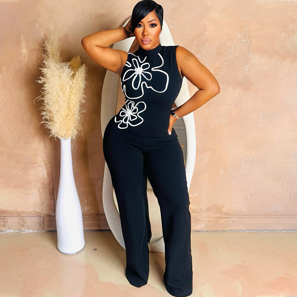 Sleeveless One Piece Floral Design Slim Trousers round Neck Sexy Hip Women