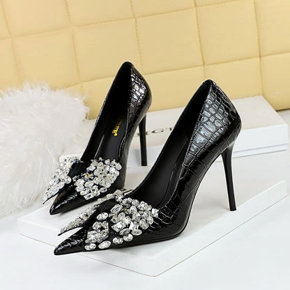 Korean Cocktail High Heels Stiletto Heel Shallow Mouth Pointed Toe Rhinestone Bow Pumps Women