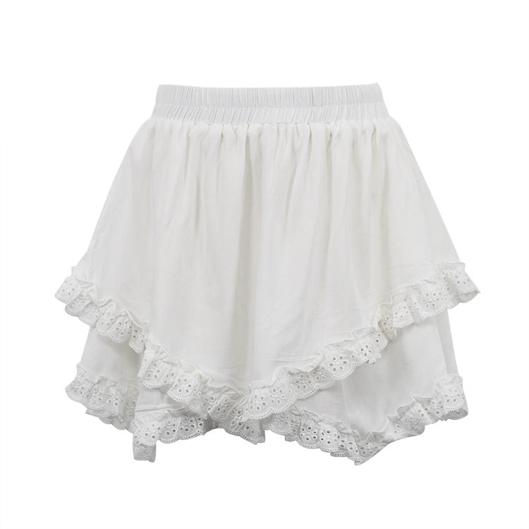 Falda corta blanca a juego para mujer, fresca y dulce, con diseño de encaje y cintura alta.