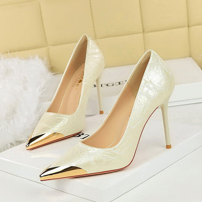 Women Shoes Low Cut Pointed Toe Stilettos Tilta Metal Pointed Decorative Super High Heel Shoes