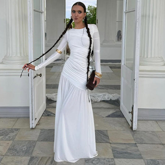 女款夏季修身褶皺圓領長袖洋裝暢銷款