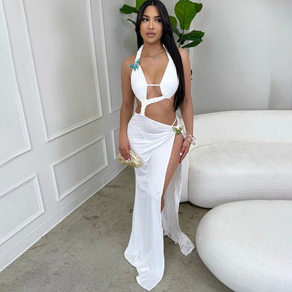 夏季性感露背繫帶開衩吊帶長裙