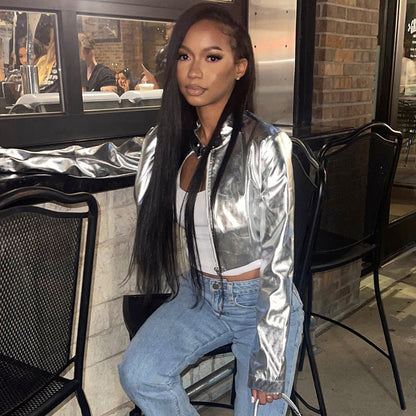 Metallic Coated Fabric Women Clothing Fall Winter Faux Leather Metal Collar Zipper Jacket Women Leather Jacket Coat