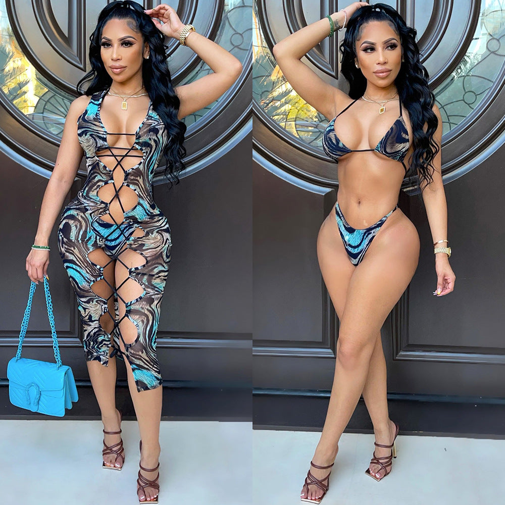 Sexy Women Wear Mesh Floral Print Sheer Cutout Swimsuit Dress Women Three Piece Suit