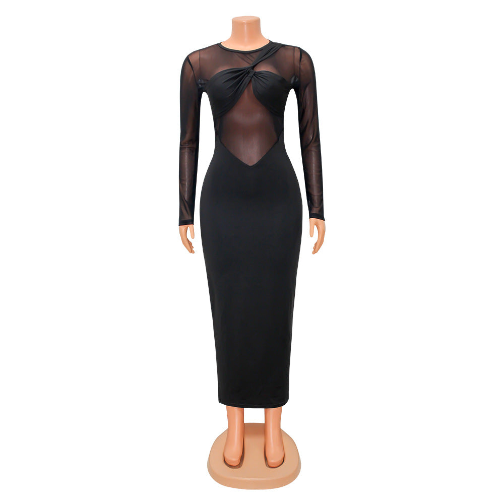 Women Clothing Sexy Tight Mesh See-through Solid Color Long Sleeve Dress for Women