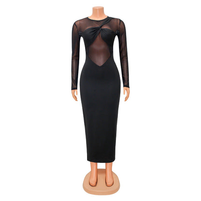 Women Clothing Sexy Tight Mesh See-through Solid Color Long Sleeve Dress for Women