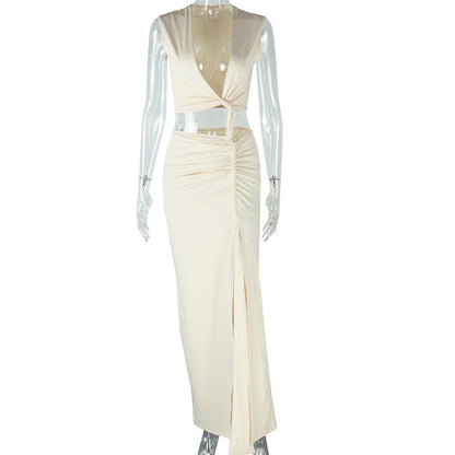 Women Clothing Solid Color Dress Oblique V neck off Shoulder Sleeveless Irregular Asymmetric Slit