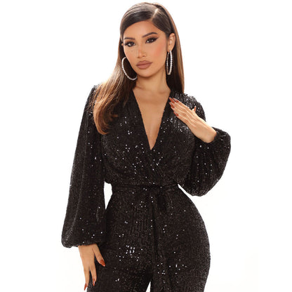 Fall High-End Women Sequ Deep V-neck Long Sleeve Jumpsuit Jumpsuit Trousers