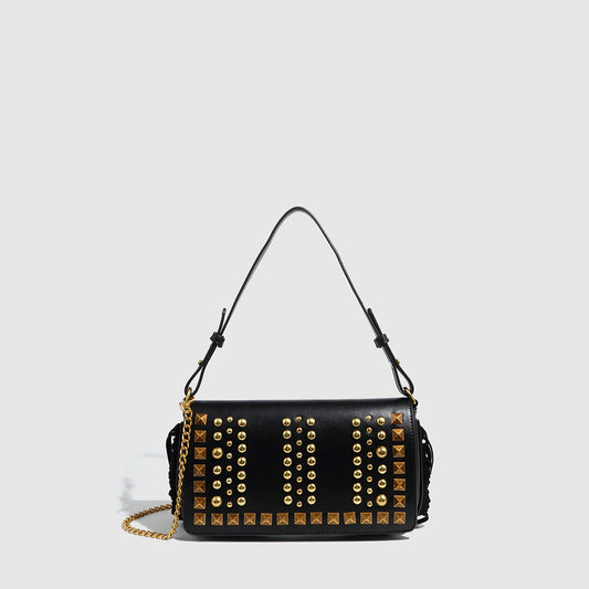 Bolso de mujer con remaches, estilo retro, con borlas y remaches, ajustable, para hombro y bandolera. 