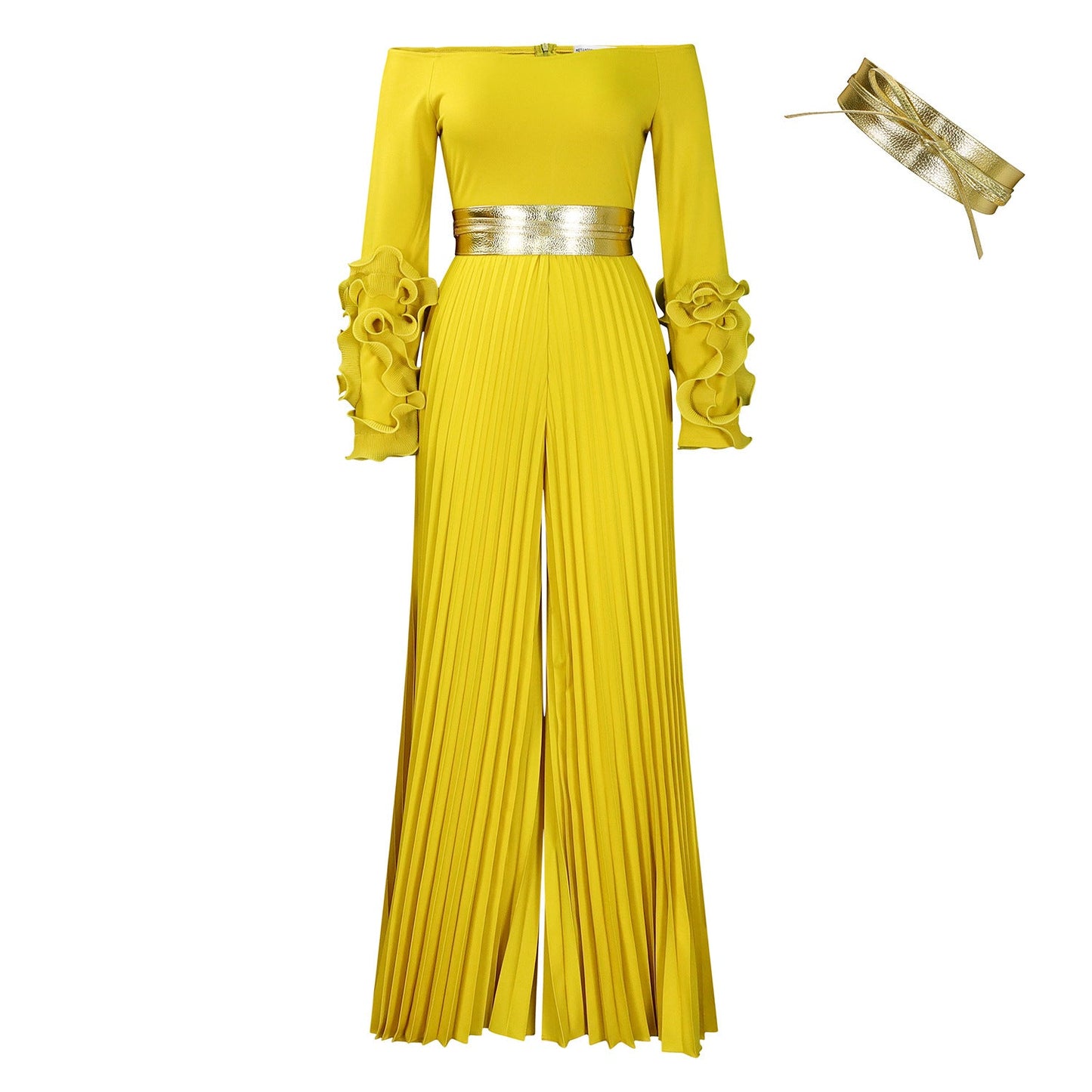 Off Neck Ruffle Sleeve Solid Color Pleated Wide Leg Jumpsuit