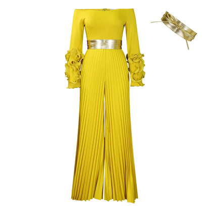Off Neck Ruffle Sleeve Solid Color Pleated Wide Leg Jumpsuit