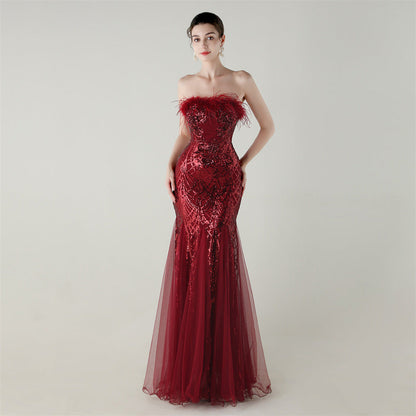 Sequin Beaded Tube Floral Ostrich Feather Tube Top Cross Strap Mesh Fishtail Evening Dress Cocktail Wedding