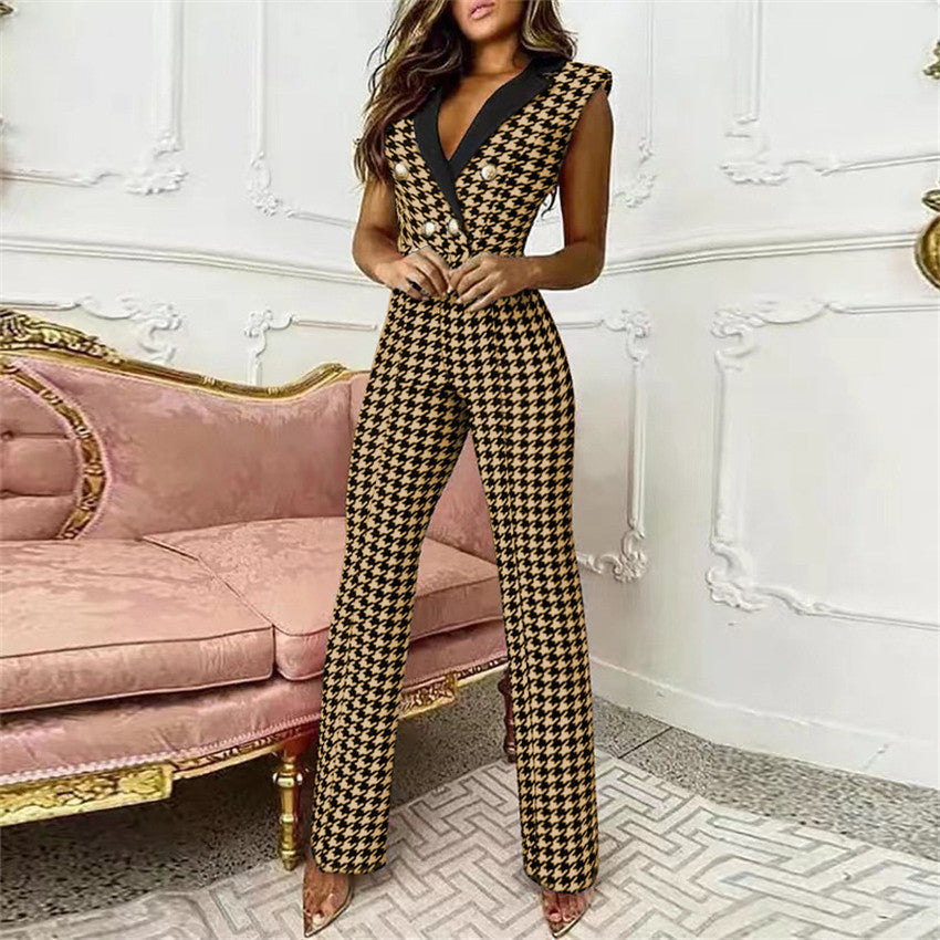 Spring Summer Women Clothing Color Matching Button V-neck Sleeveless Houndstooth Jumpsuit Business Wear for Women