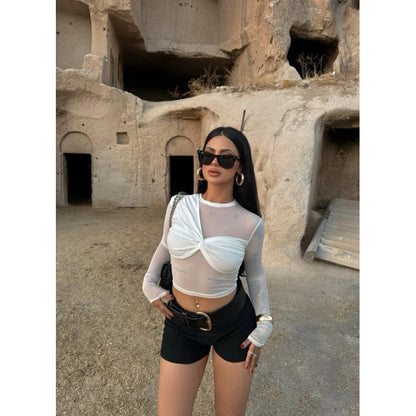 女士性感圓領透視網紗長袖拼接小眾女孩露臍上衣