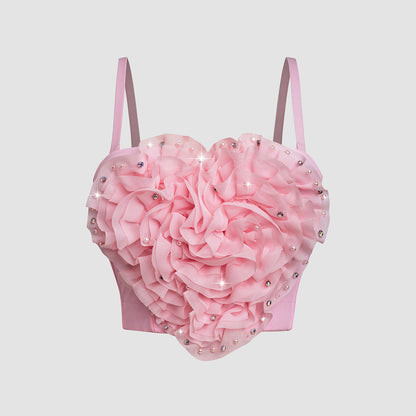 Domestic Women Short Bra Sexy Sling Three Dimensional Floral Rhinestone Embedded Beaded Vest