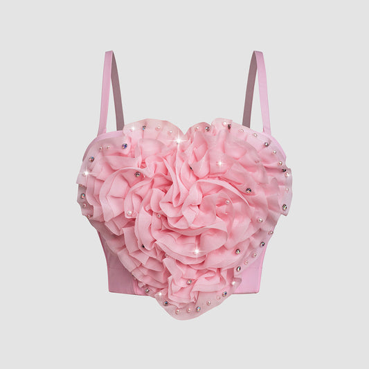 Domestic Women Short Bra Sexy Sling Three Dimensional Floral Rhinestone Embedded Beaded Vest