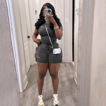 Spring Summer Sexy Slim Fit Short Embroidered Top High Waist Solid Color Shorts Set Women