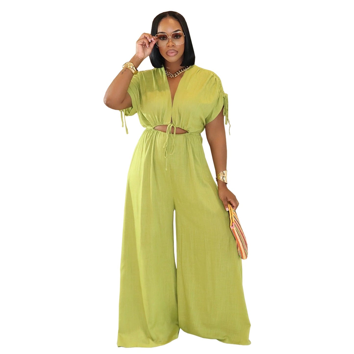 Women Wear Casual Solid Color V neck Lace up Wide Leg Jumpsuit