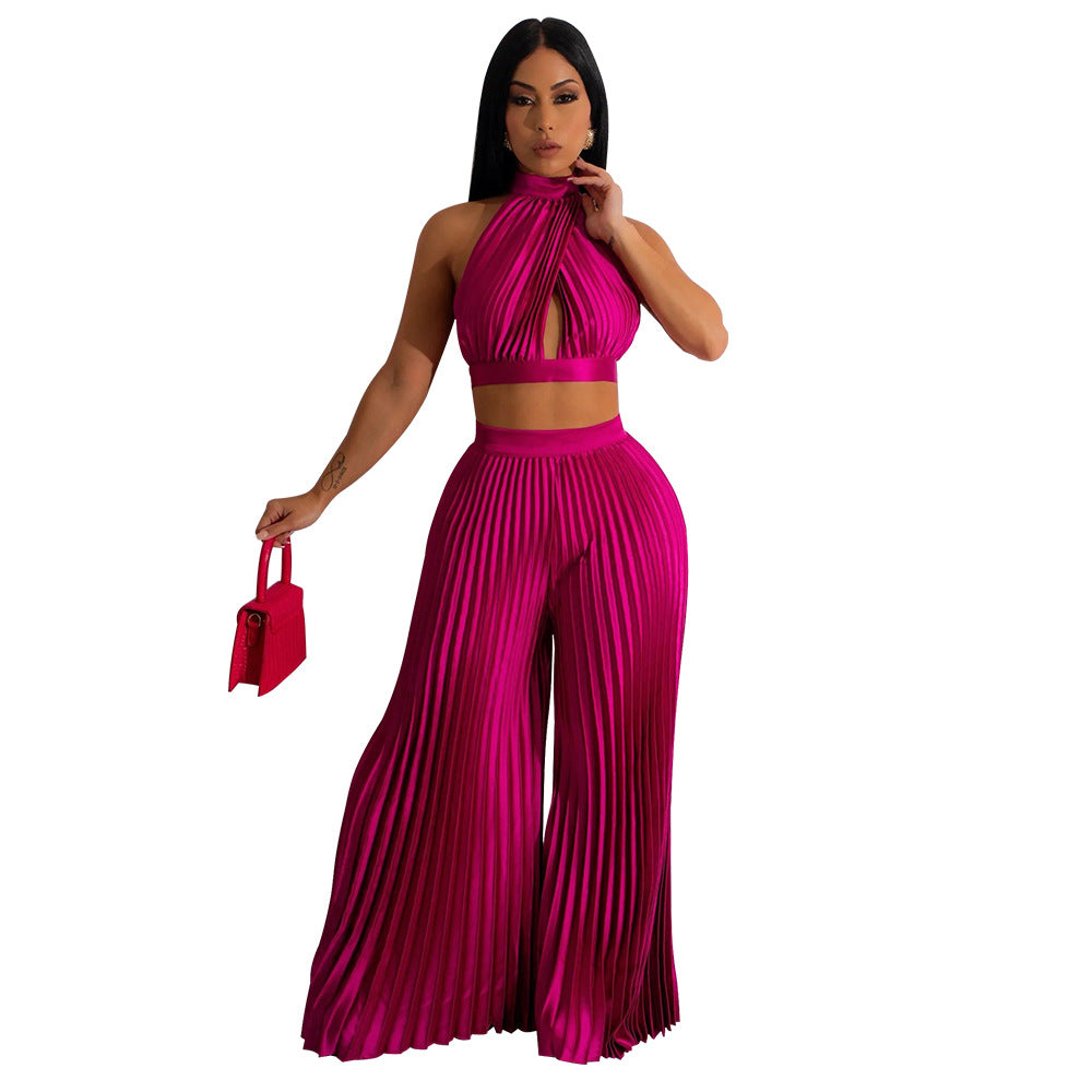 Women Clothing Halter Backless Artificial Silk Pleated Wide Leg Pants Two Piece Set
