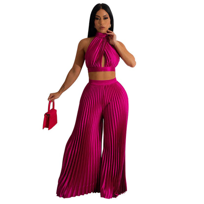 Women Clothing Halter Backless Artificial Silk Pleated Wide Leg Pants Two Piece Set