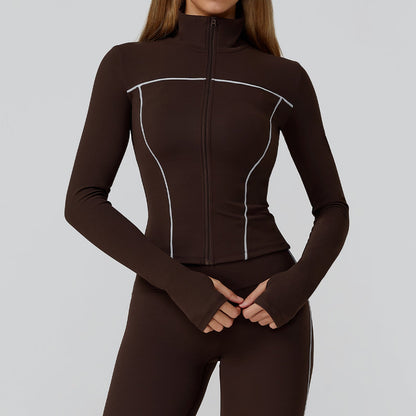 Contrast Color Brushed Yoga Coat Zipper Windproof Slim Jacket Outdoor Sports Running Fitness Clothes Women