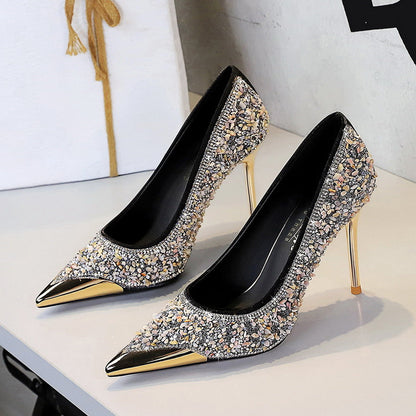 Stiletto Rhinestone High Heels Metal Pointed Women Shoes Low Cut Slip on Crystal Pumps Women Shoes