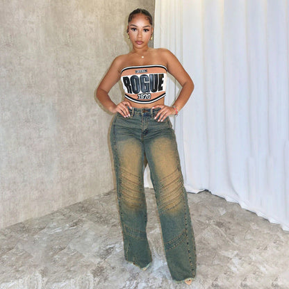 Street Vintage Retro Blue Washed Loose Jeans Striped Split Straight Leg Trousers Women