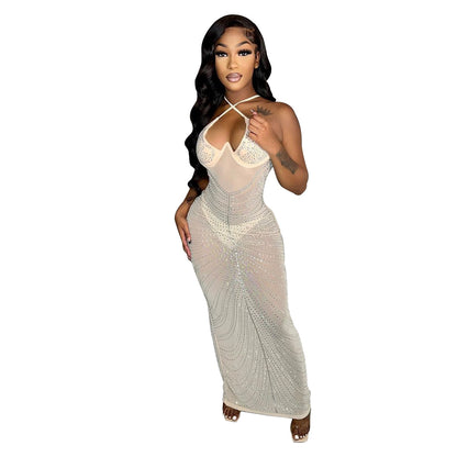 Summer Women Clothing Sexy Mesh Drilling Night Club Slip Dress Women